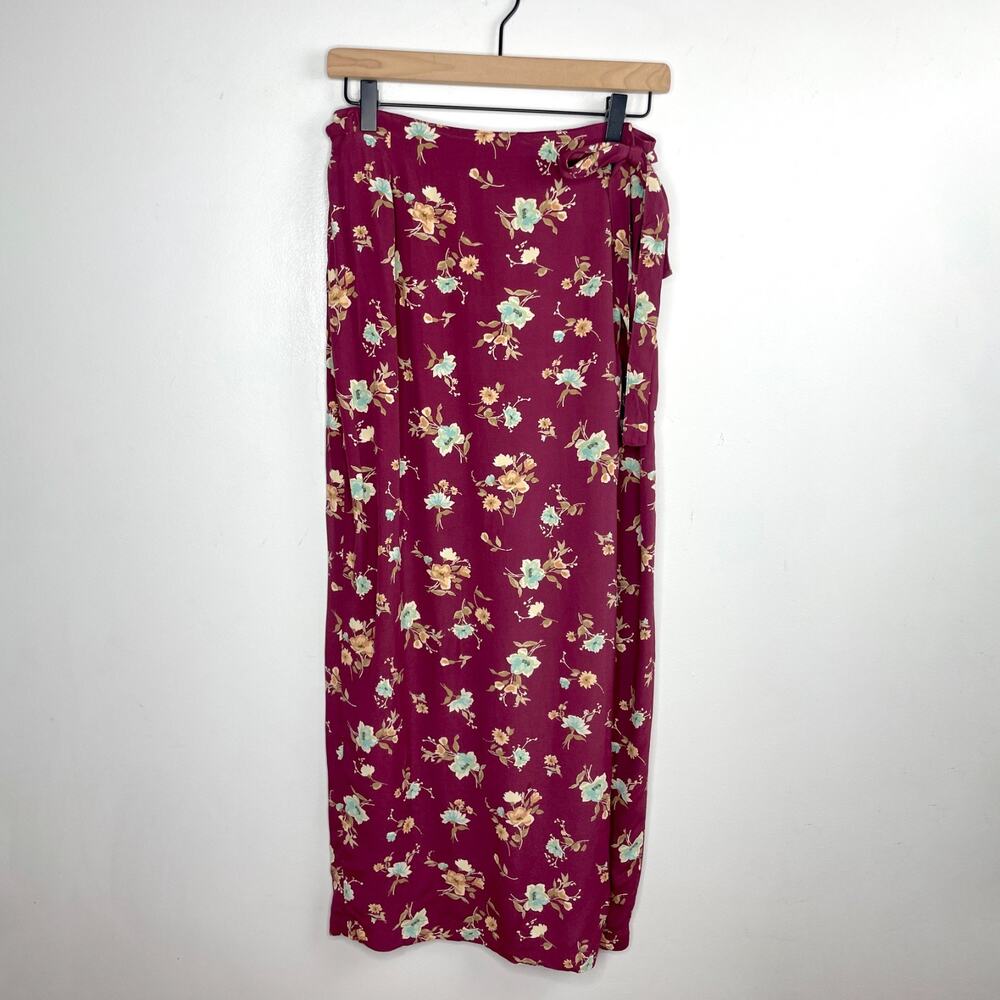 Vintage 90s Gap Wrap Midi Skirt Sz Large Floral Burgundy Romantic Feminine
